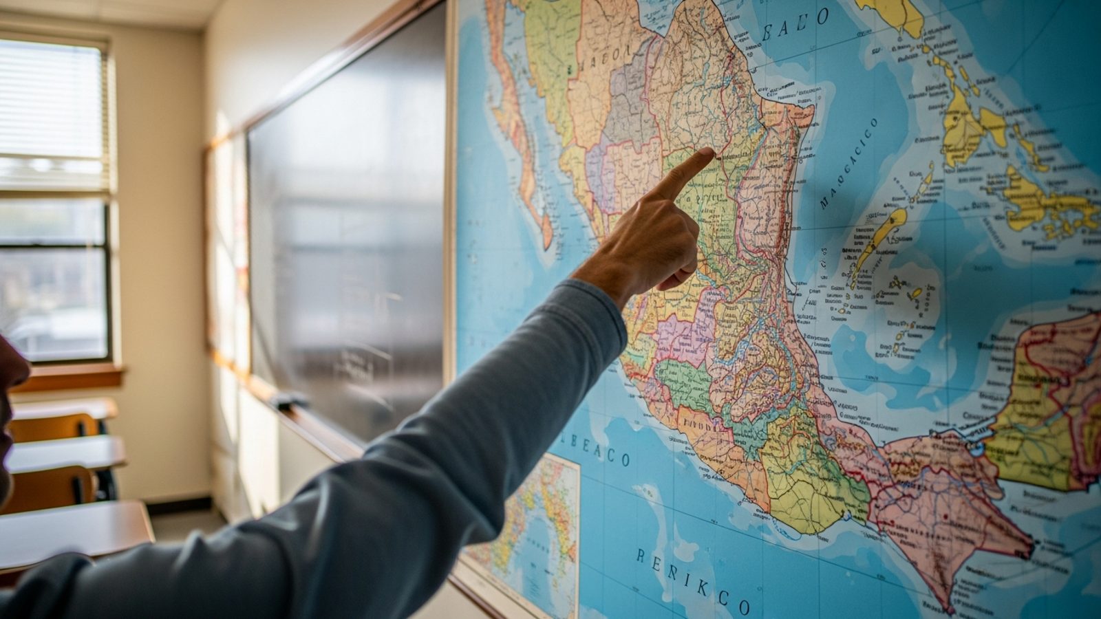 Persona señalando un mapa de México en un salón de clases