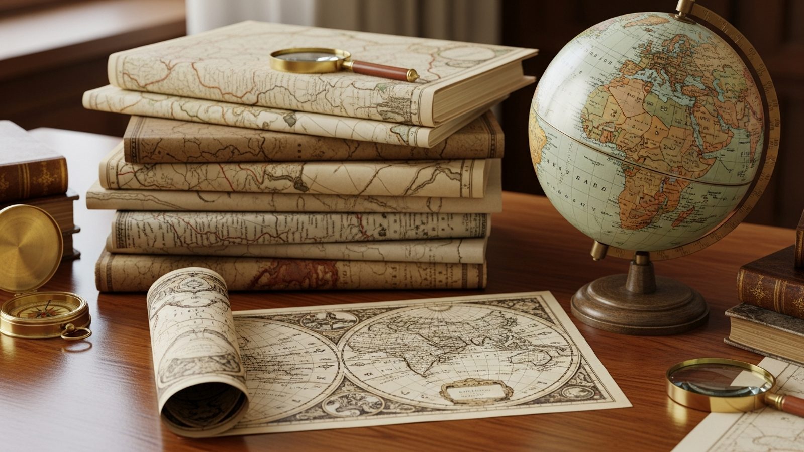 Mapas doblados y un globo terráqueo sobre un escritorio
